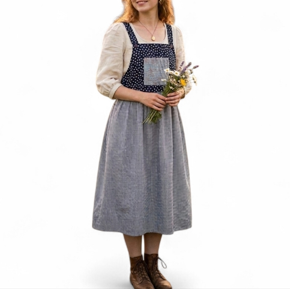Vintage Cottagecore Starry Night Apron/overall Dress Checkered With Pocket